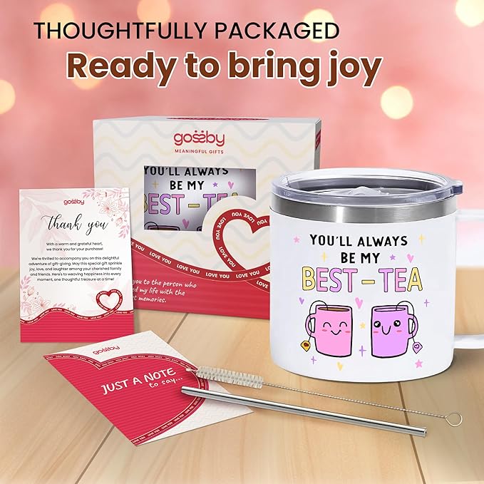 Gossby Bestie Gift for Women - 14oz BEST-TEA Insulated Tumbler Mug - Friend Tumbler Mug for Woman - Christmas, Birthday, Friendship Gift for Best Friend - Bestie Cup with Lid, Straw