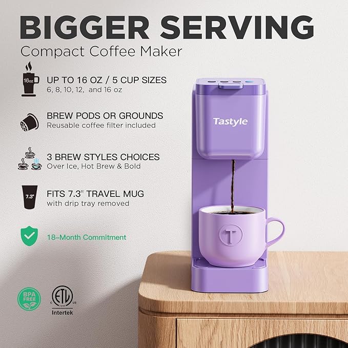 Single Serve Coffee Maker Hot and Iced with Bold Brew, Small Coffee Machine for K Cup and Ground, Fits 7.3'' Travel Mug, Brews up to 16 Oz, 5 Cup Sizes, Compact for Office, RV& Hotel, Purple