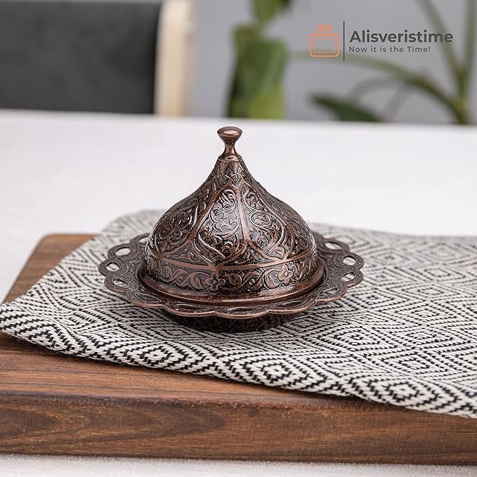 Alisveristime 6-Piece Set Turkish Espresso Coffee Cups with Saucer, Lid, Traditional Ottoman Tulip Motif (Multiple Color Variations) (Lale) (Copper)