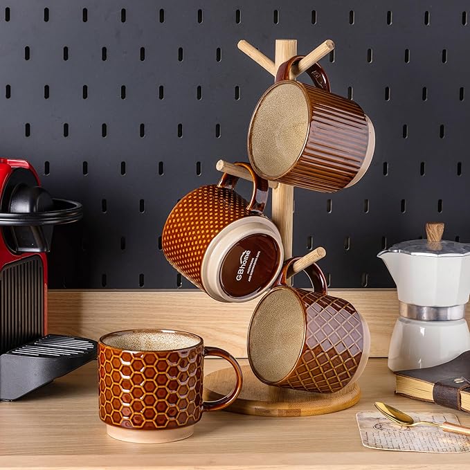GBHOME 12 OZ Stackable Coffee Mugs, Ceramic Coffee Cups with Texture Patterns for Man,Woman,Dad,Mom, Modern Coffee Mugs Set of 4 for Latte/Cappuccino/Cocoa. Dishwasher&Microwave Safe