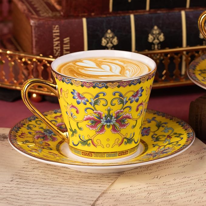 KAMMAK Tea Cups and Saucers Set of 2, Porcelain Coffee Cups with Saucer for Espresso, Cappuccino, 9oz Vintage Noble Yellow Ceramic Demitasse Mug for Home, Tea Party, Office