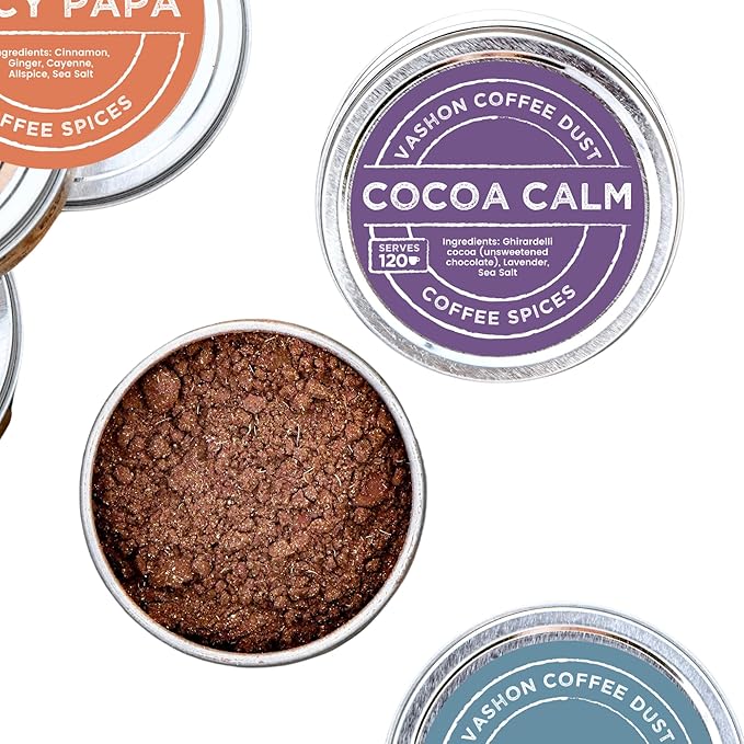 Coffee Dust Flavoring Powder Cocoa Calm (120 Servings) – Coffee Dusting Flavor Variety Pack, All Natural Syrup Alternative, Adds Aroma, Taste & Wellness to Drinks & Tea