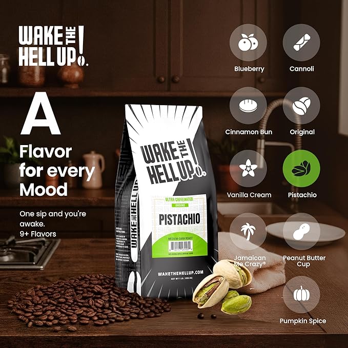 Wake The Hell Up! 1lb Ultra-Caffeinated Pistachio Ground Coffee, Low Acid, Medium-Dark Roast