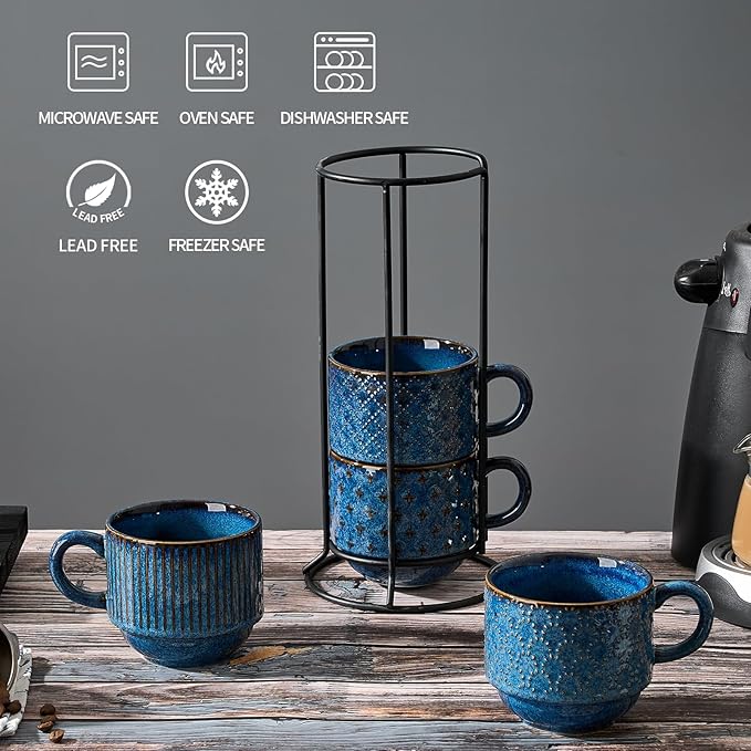 Large Ceramic Coffee Mug Set of 4 with Stand, 15 Oz Stackable Different Embossment Ribbed Latte Cup Set for Cappuccino, Tea, Hot Cocoa, Drinks - Dishwasher & Microwave Safe, Blue