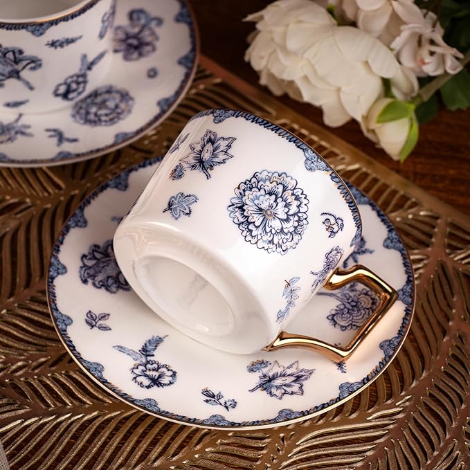 KAMMAK Tea Cups and Saucers Set of 2, Fine Bone China Coffee Cups, 8.5-Ounce Stackable Espresso Mugs, Ceramic Demitasse for Coffee, Cappuccino, Latte, Americano, Tea, English Navy