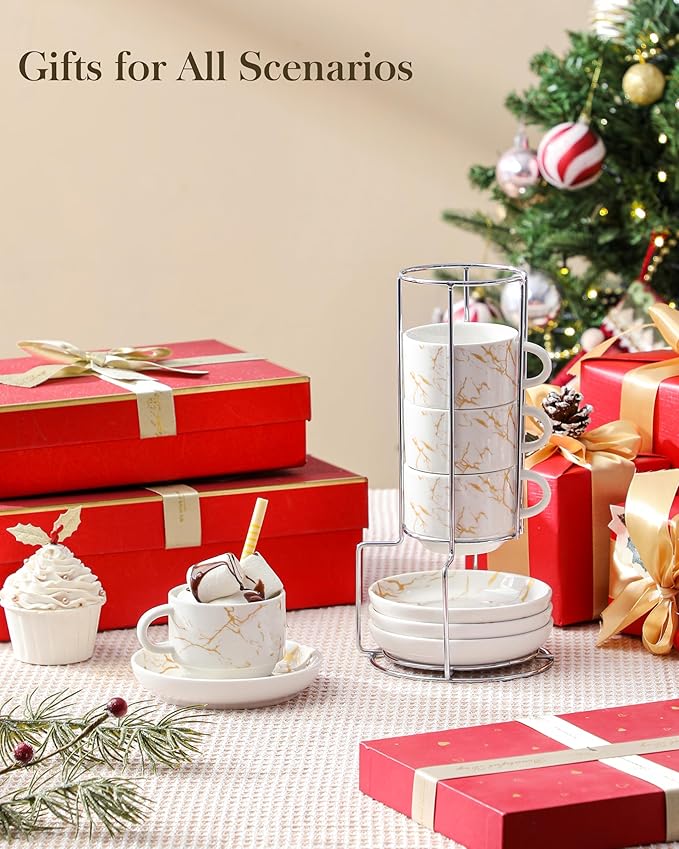 MALACASA 4 OZ Porcelain Espresso Cups with Saucers and Metal Stand Set of 4, Stackable Cappuccino Cups, Marble White Expresso Shots Cup Set for Coffee Drinks, Latte, Tea