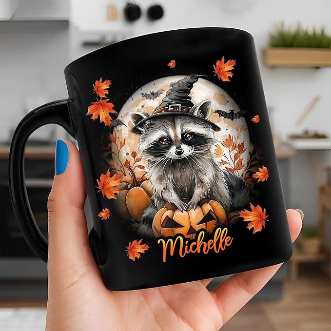 Hyturtle Personalized Halloween Raccoon Mug - Raccoon Gift For Women Lover - Wild Animal Lover Gift For Her - Spooky Season Decor For Fall Season Halloween - Coffee Name Cup Ceramic Mug 11 oz 15 oz