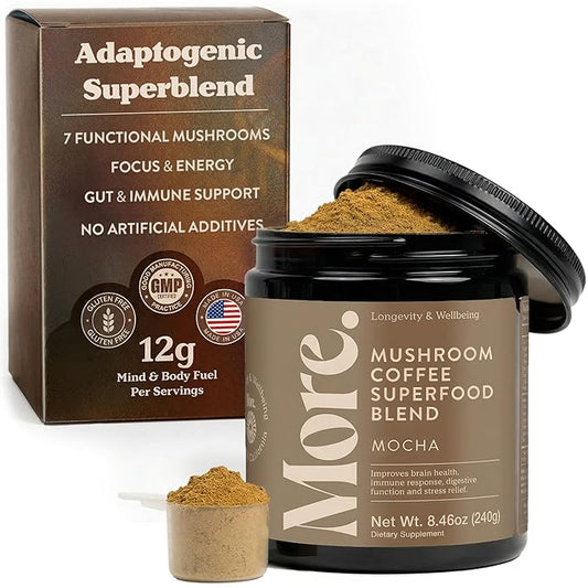 More. Longevity & Wellbeing Premium Mushroom Coffee Superfood – 7 Functional Mushrooms with Lions Mane Supplement, Reishi, Chaga & Ashwagandha Extract, Instant Coffee Alternative with Prebiotics and Essential Vitamins for Focus & Energy, Mocha
