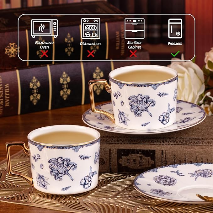 KAMMAK Tea Cups and Saucers Set of 2, Fine Bone China Coffee Cups, 8.5-Ounce Stackable Espresso Mugs, Ceramic Demitasse for Coffee, Cappuccino, Latte, Americano, Tea, English Navy