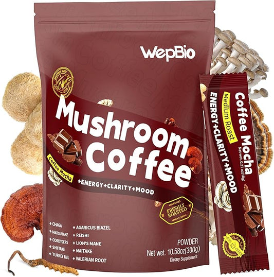 Mushroom Coffee Mocha 11 in 1 Adaptogenic Mushroom Blend with Ashwagandha KSM-66,Lions Mane,Reishi,Turkey Tail Instant Mushrooms Coffee for Boost Energy,Focus,Sugar-Free,30 Servings