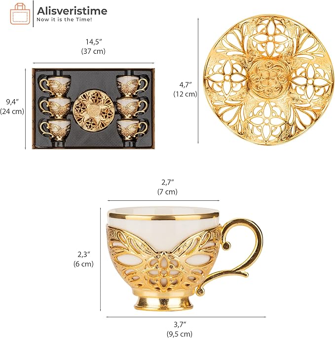 Alisveristime Turkish Coffee Set for Six, 6 White Porcelain Cups with Gilded, Zamac Holders and Saucers, Two Color Variations: Gold and Silver (Gilded-Design) (Gold)