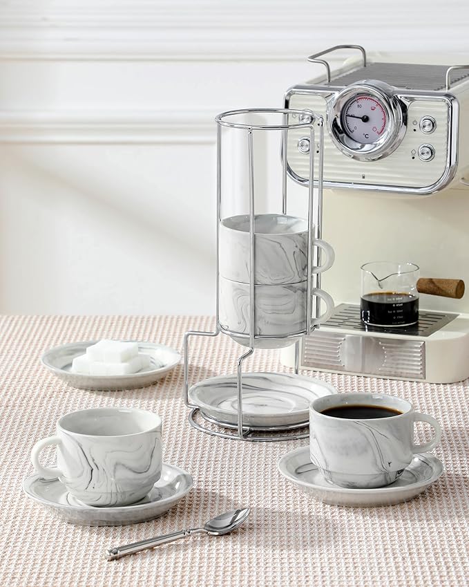 MALACASA 8 OZ Porcelain Espresso Cups with Saucers and Metal Stand Set of 4, Stackable Cappuccino Cups, Marble Gray Expresso Shots Cup Set for Coffee Drinks, Latte, Tea