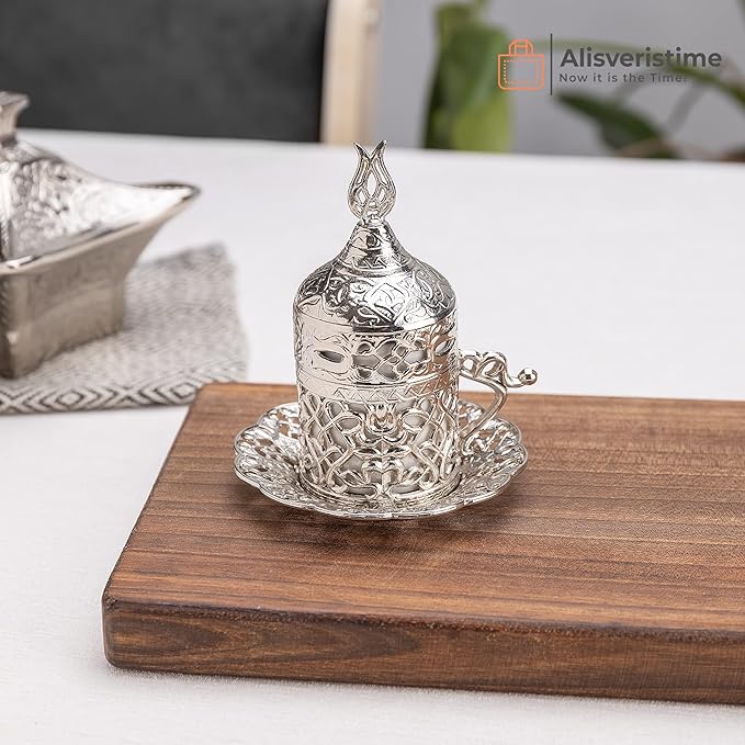 Alisveristime Turkish Coffee Set for Two - Authentic Ottoman Style Cups, Saucers, and Serving Tray with Lale Motifs (Acur) (Silver)