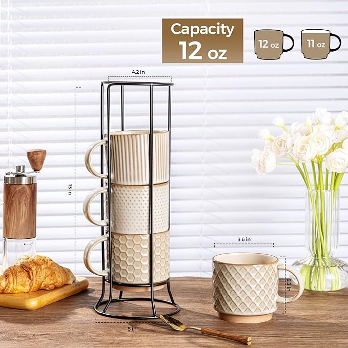 GBHOME 12OZ Stackable Coffee Mugs with Stand, Ceramic Coffee Mugs with Texture Patterns for Man,Woman,Dad,Mom, Modern Coffee Cups Set of 4 for Latte/Cappuccino/Cocoa. Dishwasher&Microwave Safe