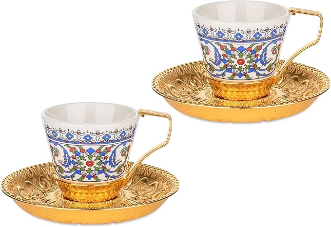 Alisveristime 2-Piece Turkish Coffee Cup Set with Zamac Saucers – Topkapi Pattern Porcelain Cups, Ottoman Style with 2 Color Options (Gold)