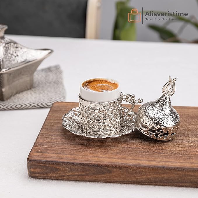 Alisveristime Turkish Coffee Set for Two - Authentic Ottoman Style Cups, Saucers, and Serving Tray with Lale Motifs (Acur) (Silver)