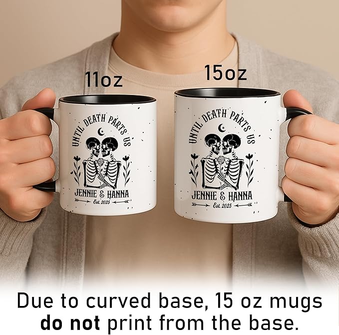Personalized Skeleton Couple Halloween Mug - “Until Death Parts Us” Gothic Coffee Mug - Custom LGBTQ+ Wedding or Anniversary, Gift for Wives, Girlfriends, or Spooky Soulmates