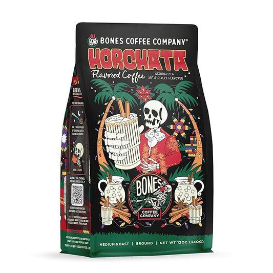 Bones Coffee Company Horchata Flavored Coffee, Medium Roast Low Acid Arabica Beans Compatible with Auto drip and French Press Coffee Maker, 12 Oz Ground