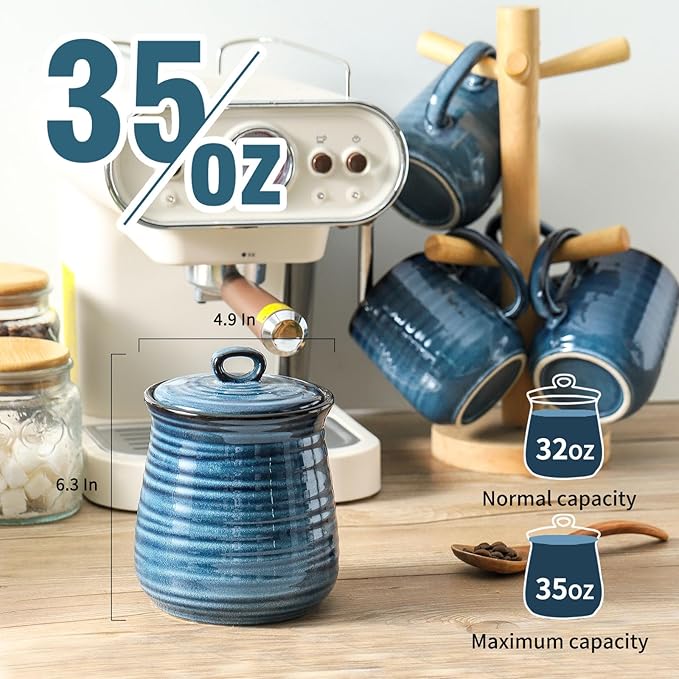 Ceramic Kitchen Canister, Large Food Storage Jar with Aritight Lid for Coffee,Tea,Sugar,Flour,Cookie,Candy,Cereal,Dog Treat, 35 oz Coffee Canister for Kitchen Countertop, Blue