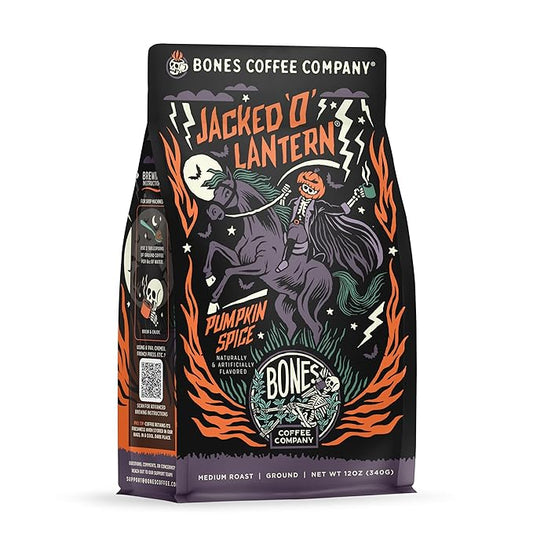 Bones Coffee Company Jacked 'O' Lantern, Pumpkin Spice Flavored Coffee, Medium Roast Low Acid Arabica Beans Compatible with Auto drip and French Press Coffee Maker, 12 Oz Ground