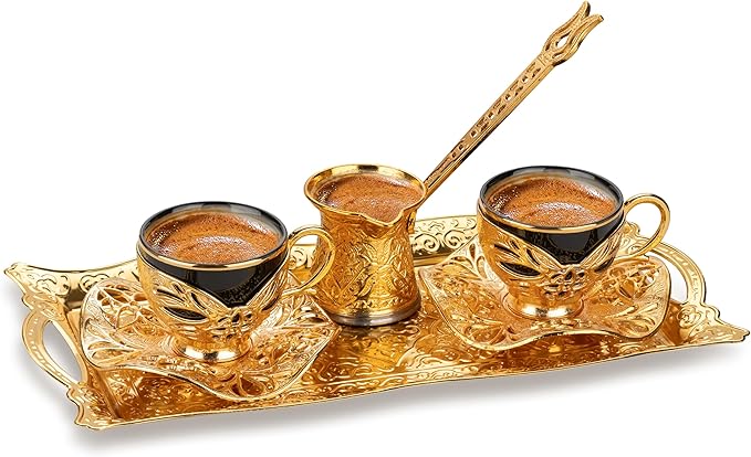 Alisveristime Turkish Coffee Set for Two, 2 Black Gilded Porcelain Cups with Zamac Holders and Saucers, Metal Tray, Lale Motif Zamac Coffee Pot (Black Gilded) (Gold)
