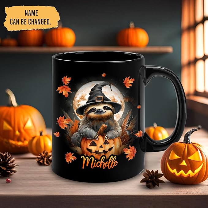 Hyturtle Personalized Halloween Sloth Mug - Sloth Gift For Women Lover - Wild Animal Lover Gift For Her Daughter - Spooky Season Decor For Fall Season Halloween - Coffee Cup Ceramic Mug 11 oz 15 oz