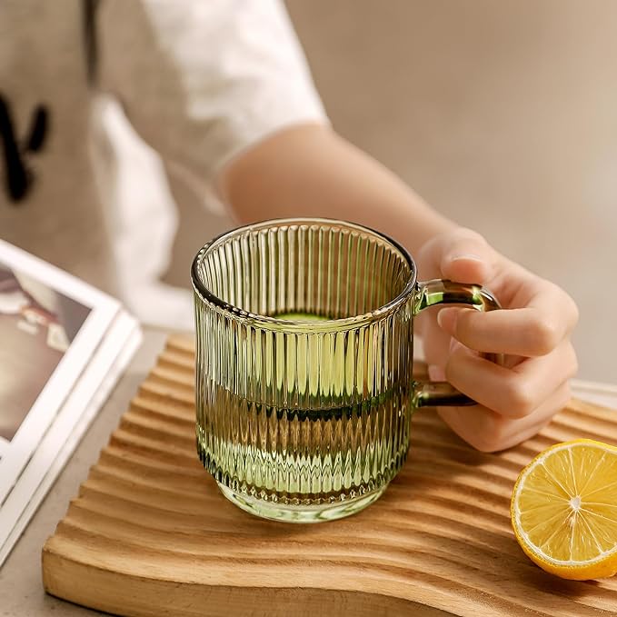 Lysenn Glass Coffee Mug with Lid - Premium Classical Vertical Stripes Glass Tea Cup - for Latte, Tea, Chocolate, Juice, Water - Lead-Free - Bamboo Lid - Lime Green