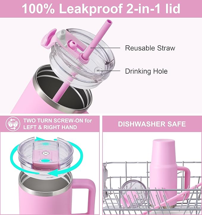 SUNWILL Travel Coffee Mug with Lid, 20 oz Tumbler with Handle and Straw Leak Proof, Stainless Steel Cup Insulated for Office & Gym, Cupholder Friendly, Powder Coated Pink
