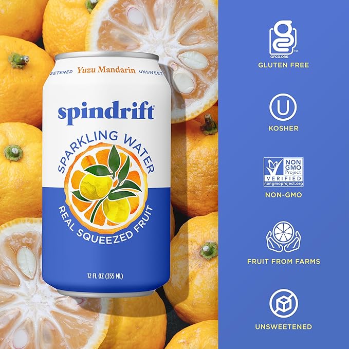 Spindrift Sparkling Water, Yuzu Mandarin Flavored, Made with Real Squeezed Fruit, 12 Fl OZ Cans, Pack of 24 (Only 6 Calories per Can)