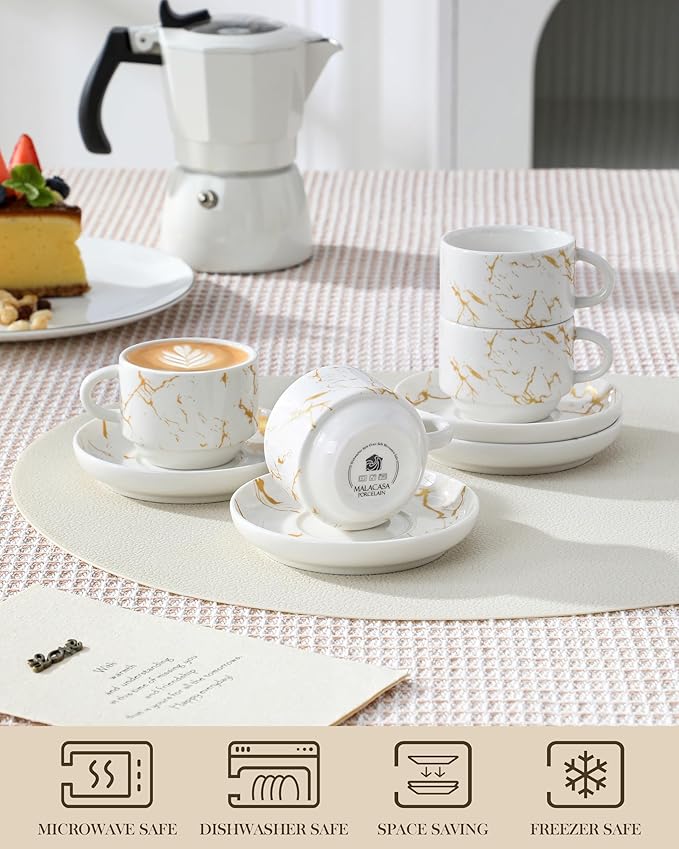MALACASA 2.5 OZ Porcelain Espresso Cups with Saucers and Metal Stand Set of 4, Stackable Cappuccino Cups, Marble White Expresso Shots Cup Set for Coffee Drinks, Latte, Tea