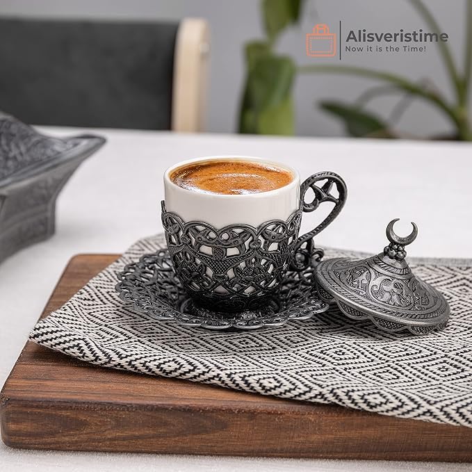 Alisveristime 27 Pc Turkish Greek Arabic Coffee Espresso Cup Saucer Set (Gelincik) (Black)