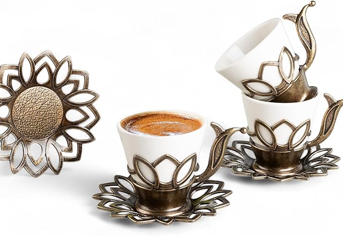 Alisveristime (Set of 6 Turkish Coffee Set with Porcelain Cups, Zamac Holders & Saucers – 80ml Capacity, Ottoman Motif, 4 Color Options (Antique Green)