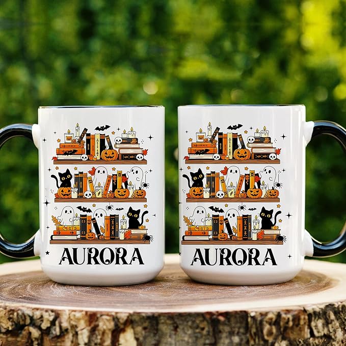 Personalized Halloween Book Lover Coffee Mug – Custom Cute Ghost and Black Cat Cup with Pumpkin Bookshelf Design – Fall Coffee Mug for Women, Spooky Bookish Gift for Readers