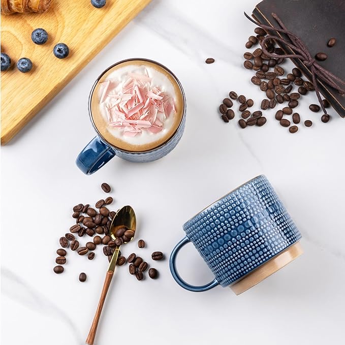 GBHOME 12OZ Stackable Coffee Mugs, Ceramic Coffee Mugs with Texture Patterns for Man,Woman,Dad,Mom, Modern Coffee Mugs Set of 4 for Latte/Cappuccino/Cocoa. Dishwasher&Microwave Safe