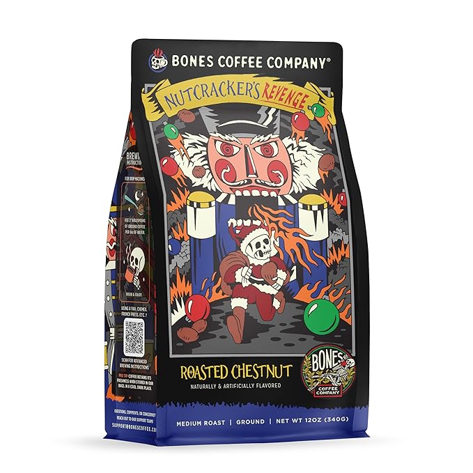 Bones Coffee Company Nutcracker's Revenge, Roasted Chestnut Flavored Coffee, Medium Roast Low Acid Arabica Beans Compatible with Auto drip and French Press Coffee Maker, 12 Oz Ground