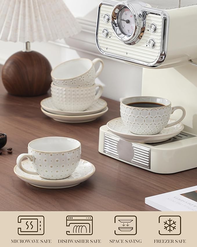 MALACASA 6 OZ Cappuccino Cups with Saucers Set of 4 - Ceramic Stackable Tea Cups and Saucers, Embossment Coffee Mugs for Tea, Latte and Mocha, Dishwasher Safe, Arctic white