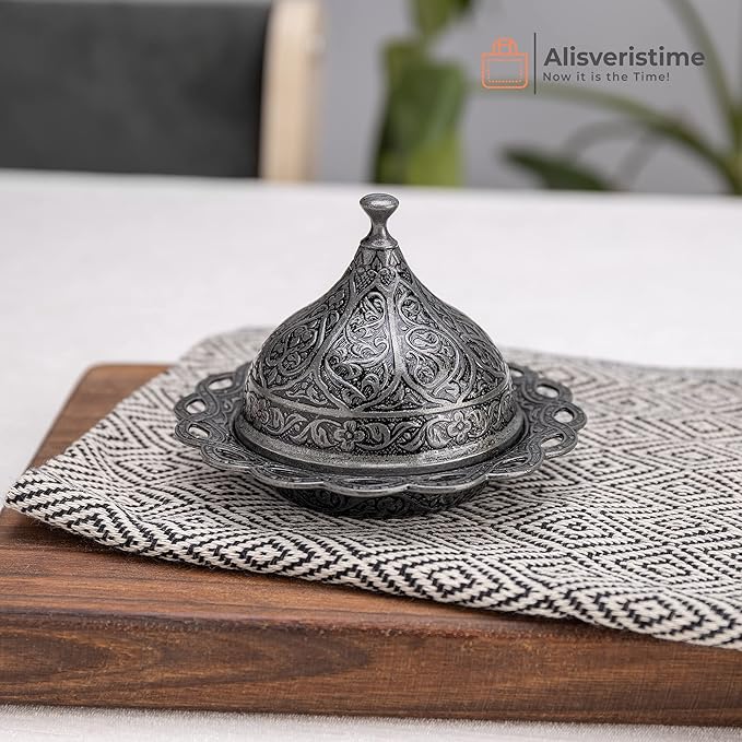 Alisveristime Turkish Coffee Set for Two - Authentic Ottoman Style Cups, Saucers, and Serving Tray with Lale Motifs (Acur) (Black)