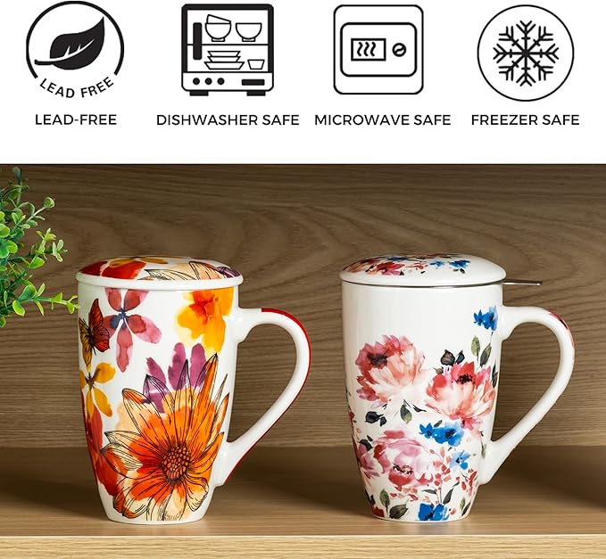 GBHOME Tea Mug with Infuser and Lid, 18 Ounce Large Ceramic Loose Leaf Tea Cup, Microwave, Dishwasher Safe Tea Steeping Mug, Pefect Gift For Tea Lover.