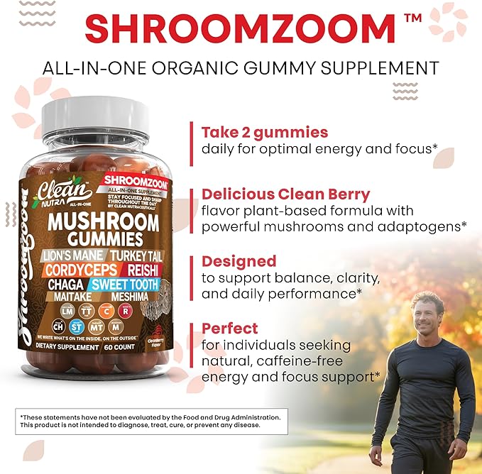 15in1 Mushroom Gummies with Lion's Mane Turkey Tail Cordyceps Reishi Chaga Sweet Toot Maitake Meshima Poria Cocos Shiitake Tremella, Oyster Agaricus Mushrooms for Men and Women Supplement - 2Pack