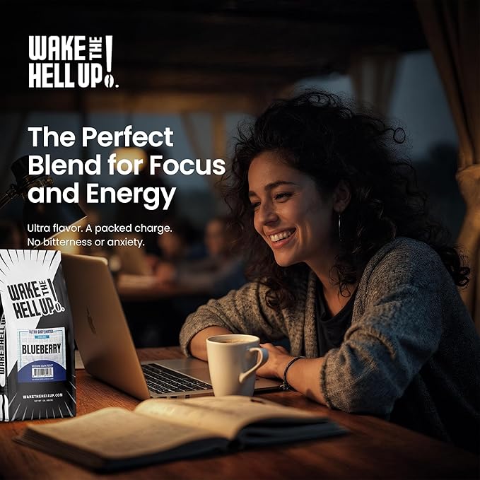 Wake The Hell Up! 1lb Ultra-Caffeinated Blueberry Whole Bean Coffee, Low Acid, Medium-Dark Roast