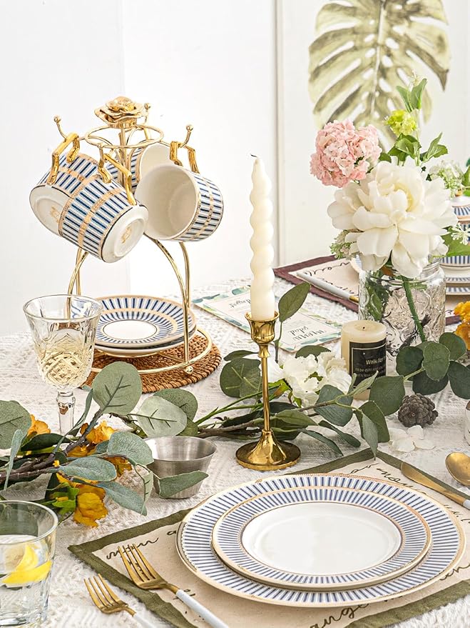 CwlwGO-Bone China Cups & Saucers Set of 2 (7 oz) with Gold Spoon and Gifts Box, White Tea Cups Sets,Cappuccino Cups,Ceramic British Coffee Cup Set.