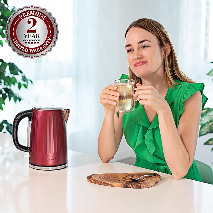 OVENTE Electric Kettle, 1.7L Stainless Steel Fast Boiling Water Heater with 1750W Power, BPA Free & Cordless Body, Auto Shut-Off, Boil-Dry Protection, Indicator Light & Removable Filter, Maroon KS711M