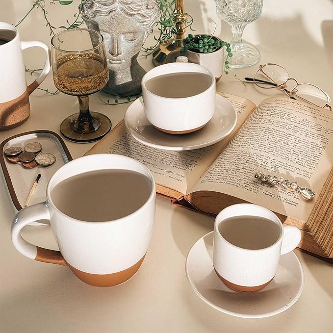 Mora Ceramic Mini Espresso Cups Set of 4, 3oz - Tiny Italian Inspired Mugs With Saucers For Small Shots of Coffee - Modern Boho Style For Any Kitchen or Cafe. Microwave Safe Porcelain - Vanilla White