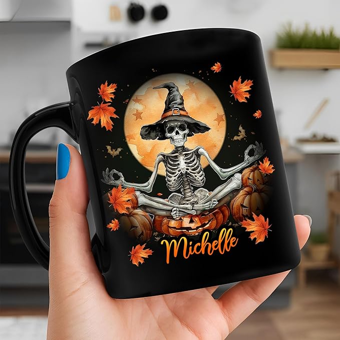Hyturtle Personalized Halloween Skull Mug - Skeleton Gift For Women Lover - Gothic Skull Lover Gift For Her - Spooky Season Skeleton Decor For Fall Halloween - Coffee Name Cup Ceramic Mug 11 oz 15 oz