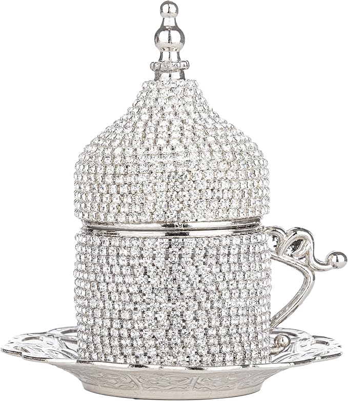 Alisveristime Ottoman Turkish Greek Arabic Espresso Coffee Cups with Saucer and Lid (Crystal Set) (Set of 2) (Silver)