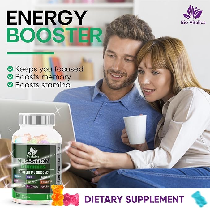 BIO VITALICA Mushroom Gummies – 10 Mushroom Complex with Lion’s Mane, Reishi, Chaga, Cordyceps & More – Fruity Vegan Gummies – Non-GMO, Gluten-Free, Plant-Based – 6 Packs