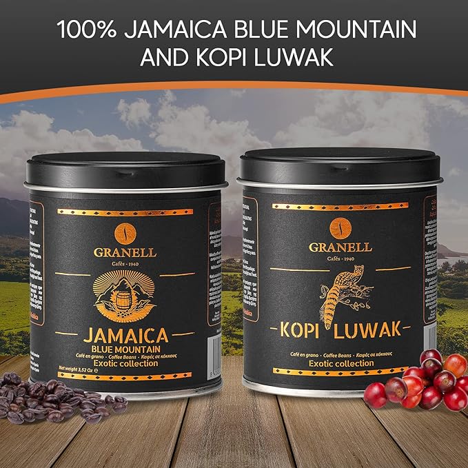 Cafés Granell – Kopi Luwak + Blue Mountain Coffee | Exotic Collection | Fresh Whole Gourmet Beans | JACRA Certified | 100% Arabica Coffee-Premium Medium Roast | 3.53oz