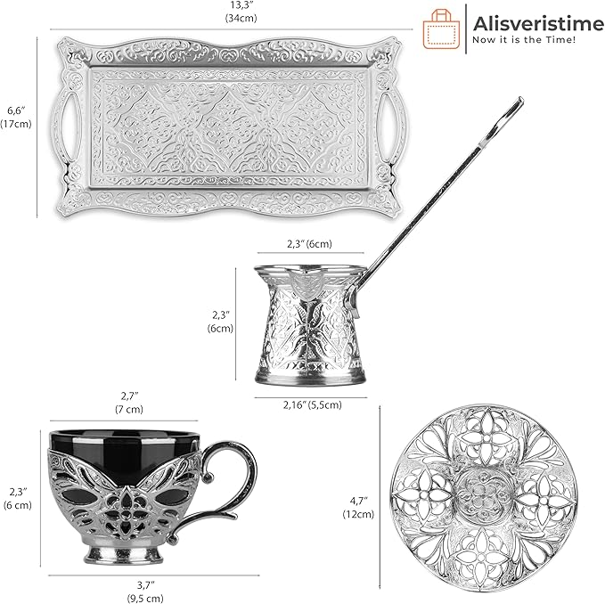 Alisveristime Turkish Coffee Set for Two, 2 Black Gilded Porcelain Cups with Zamac Holders and Saucers, Metal Tray, Lale Motif Zamac Coffee Pot (Black Gilded) (Silver)