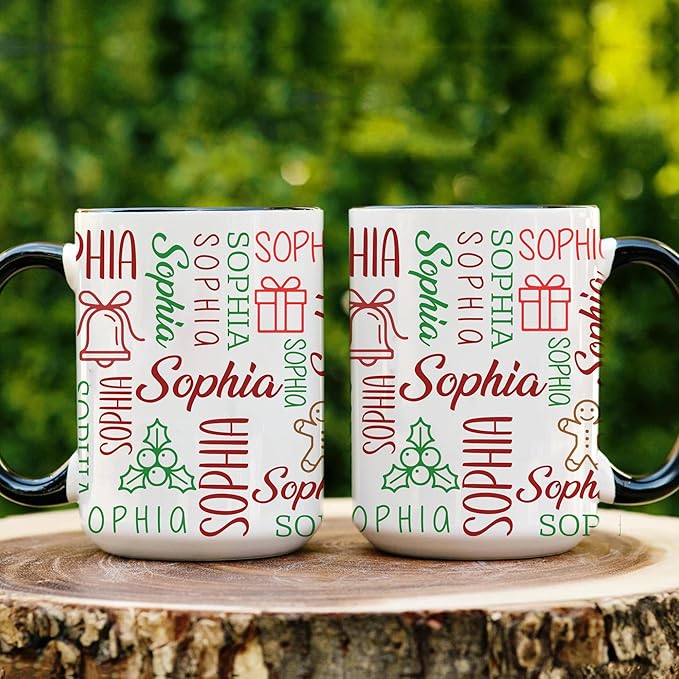 Personalized Funny Christmas Hot Cocoa Mug – Custom Holiday Coffee Cup with Festive Name Pattern – Santa Gift, Unique White Elephant Exchange Present, Gag Gift Ceramic Mug
