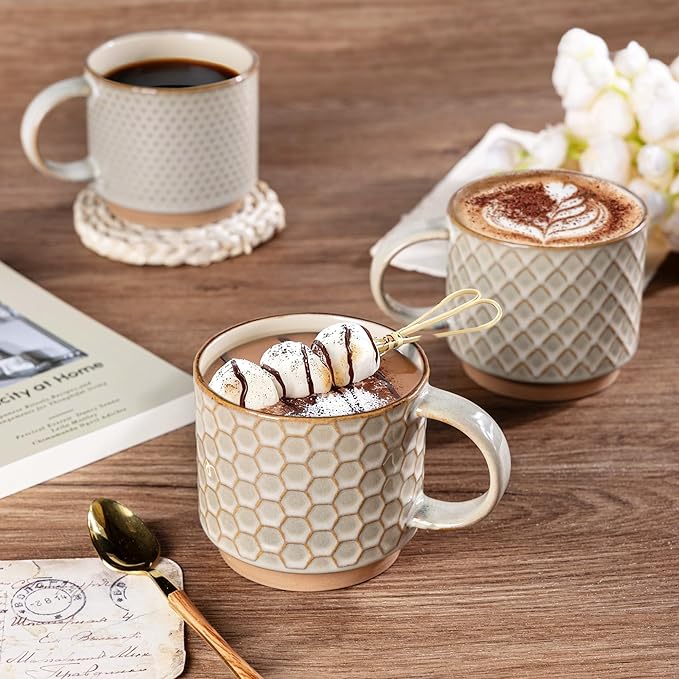 GBHOME 12OZ Stackable Coffee Mugs with Stand, Ceramic Coffee Mugs with Texture Patterns for Man,Woman,Dad,Mom, Modern Coffee Cups Set of 4 for Latte/Cappuccino/Cocoa. Dishwasher&Microwave Safe